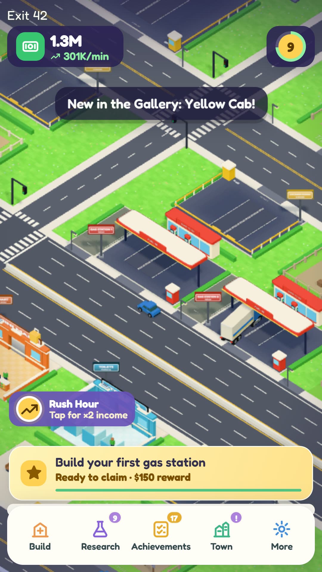 A roadside town with gas stations, parking lots, a mart and toilets, with trucks on the roads