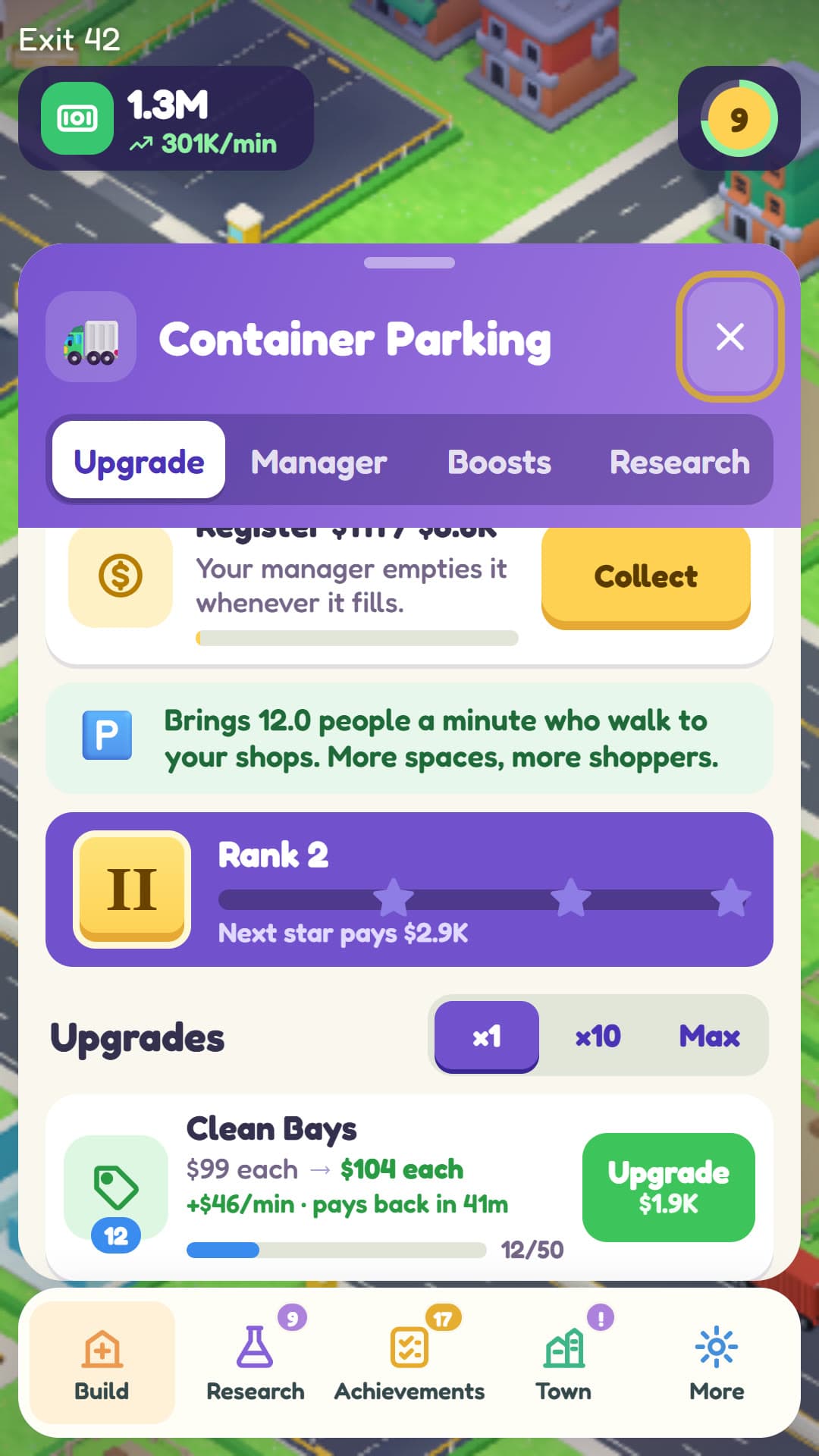 The parking upgrades panel open over the town